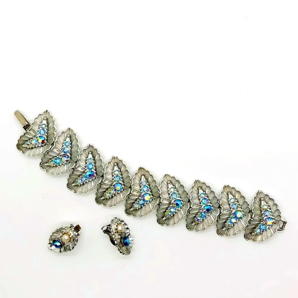 Vintage Deco blue AB rhinestone bracelet Demi set - Picture 11 of 11